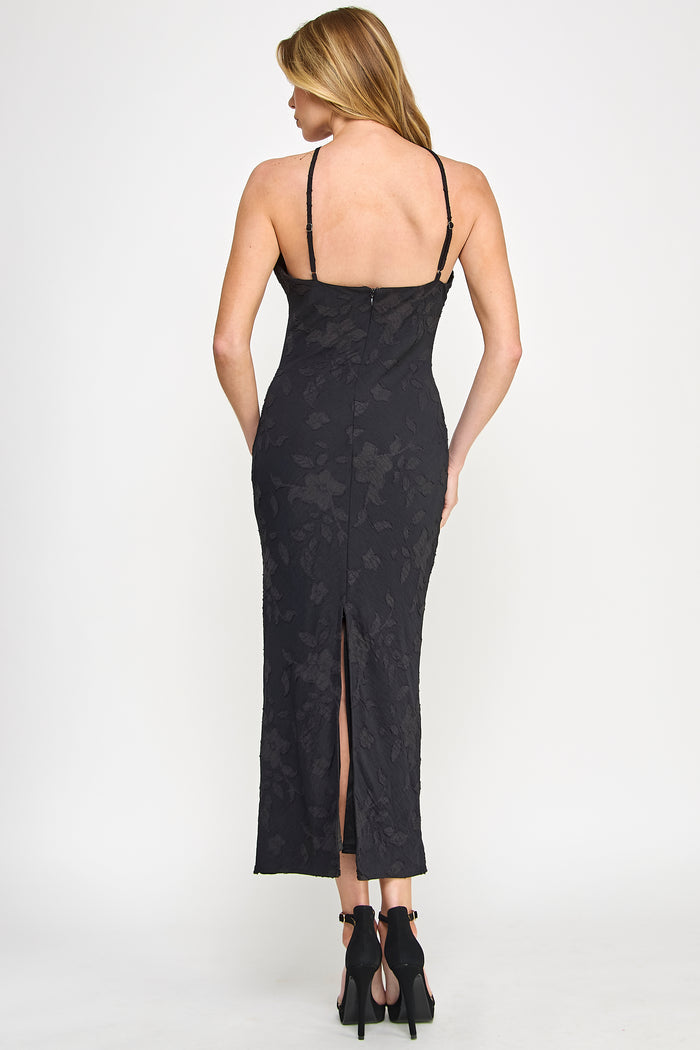 Floral Stitched Halter Neck Slit Black Maxi Dress