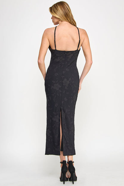 Floral Stitched Halter Neck Slit Black Maxi Dress