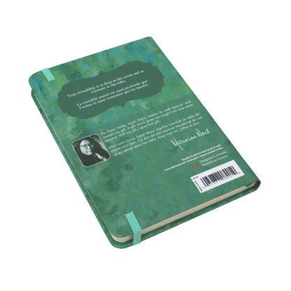 Back cover of the Friends Artist Hardcover Journal by Sioux artist Maxine Noel with green design and inspirational quote.