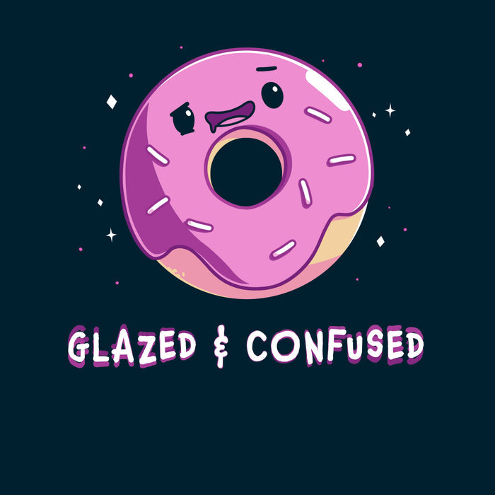 Premium Cotton T-shirt_TeeTurtle navy blue Glazed and Confused featuring a pink frosted donut with a smiling face with "Glazed & Confused" underneath.