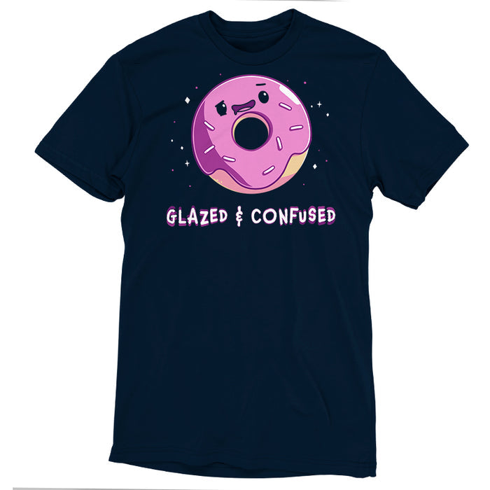 Premium Cotton T-shirt_TeeTurtle navy blue Glazed and Confused featuring a pink frosted donut with a smiling face with "Glazed & Confused" underneath.