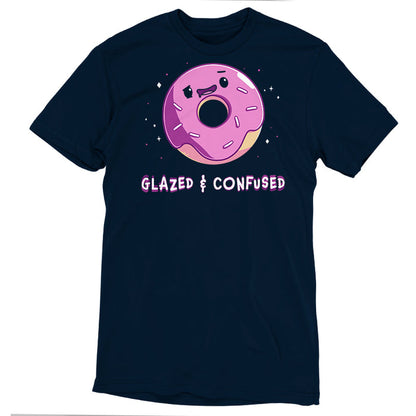 Premium Cotton T-shirt_TeeTurtle navy blue Glazed and Confused featuring a pink frosted donut with a smiling face with "Glazed & Confused" underneath.