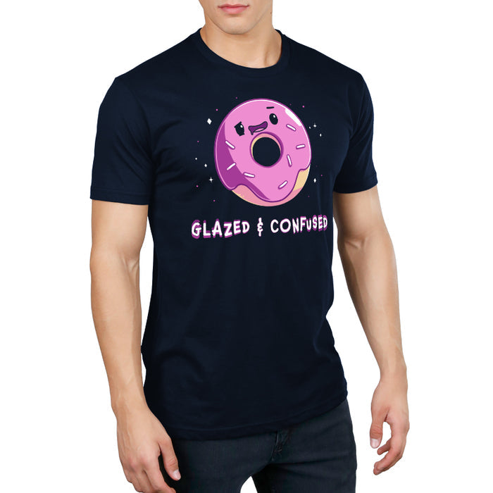 Premium Cotton T-shirt_TeeTurtle navy blue Glazed and Confused featuring a pink frosted donut with a smiling face with "Glazed & Confused" underneath.