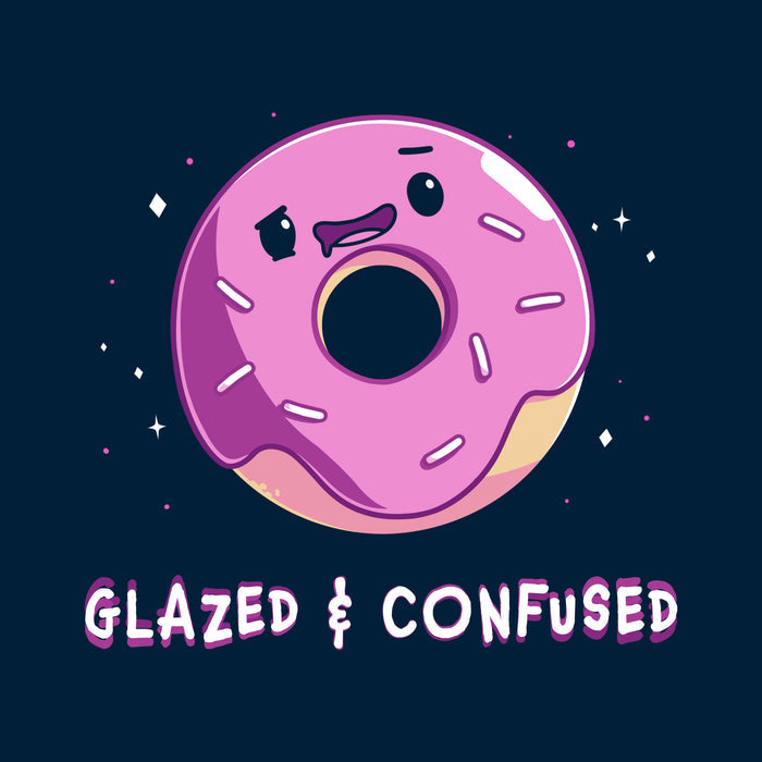 Classic Cotton T-shirt_TeeTurtle navy blue Glazed and Confused featuring a pink frosted donut with a smiling face with "Glazed & Confused" underneath.