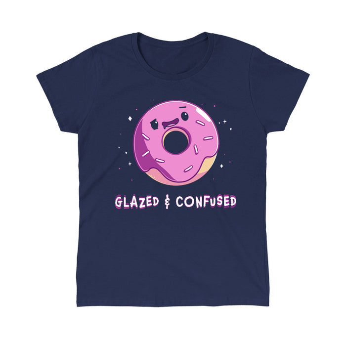 Classic Cotton T-shirt_TeeTurtle navy blue Glazed and Confused featuring a pink frosted donut with a smiling face with "Glazed & Confused" underneath.