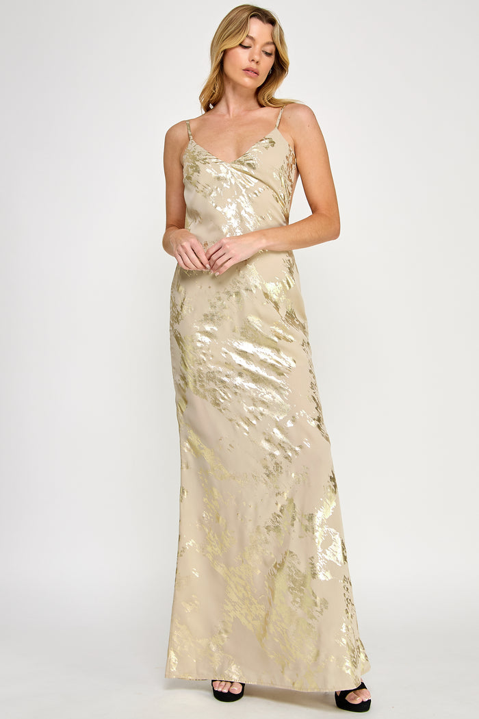 Gold Foil Open Back Sleeveless Maxi Dress