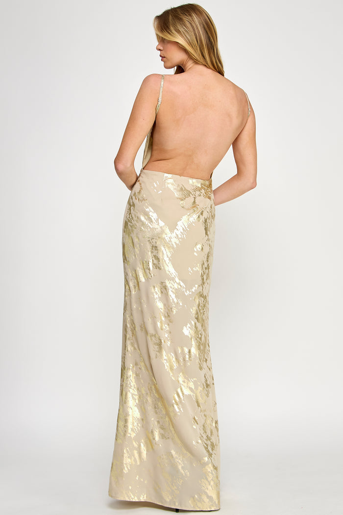 Gold Foil Open Back Sleeveless Maxi Dress