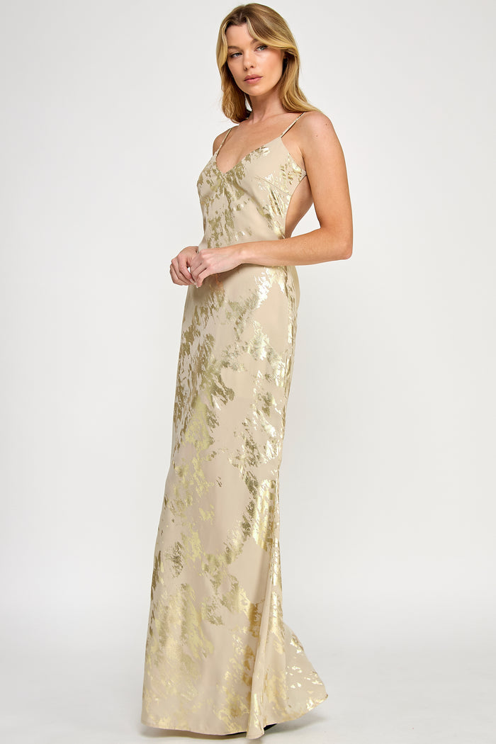 Gold Foil Open Back Sleeveless Maxi Dress