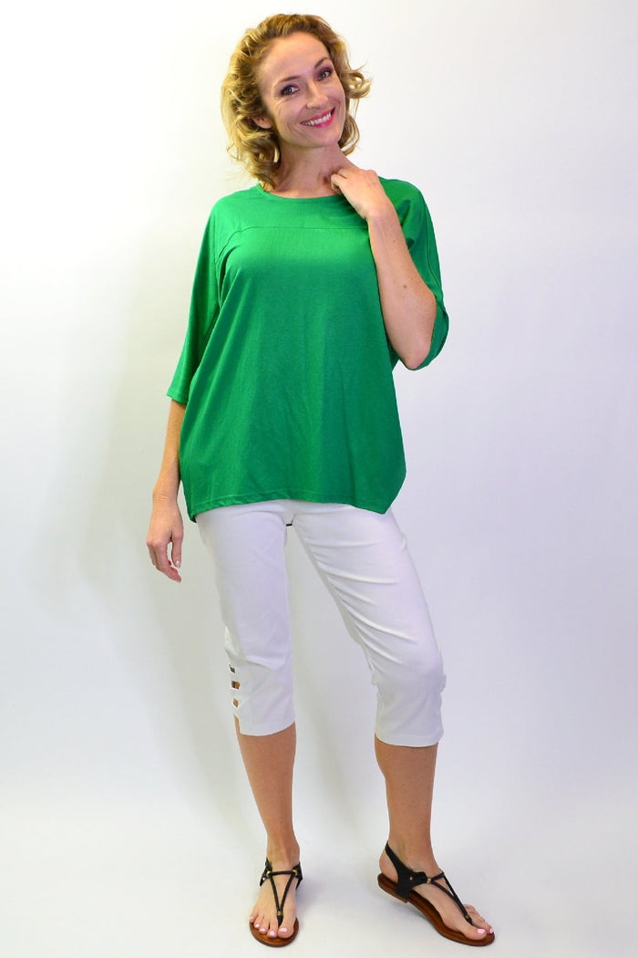 Grass green jersey sloping sleeve tunic top by Stylius, featuring a relaxed fit and stylish design for women's casual wear.
