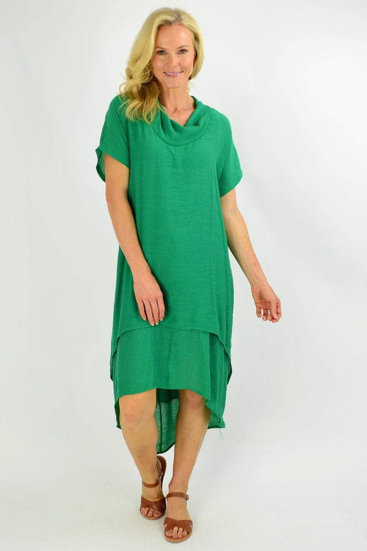 Green cotton cowl neck tunic dress by I Love Tunics, featuring a relaxed fit and soft fabric, shown on a hanger.