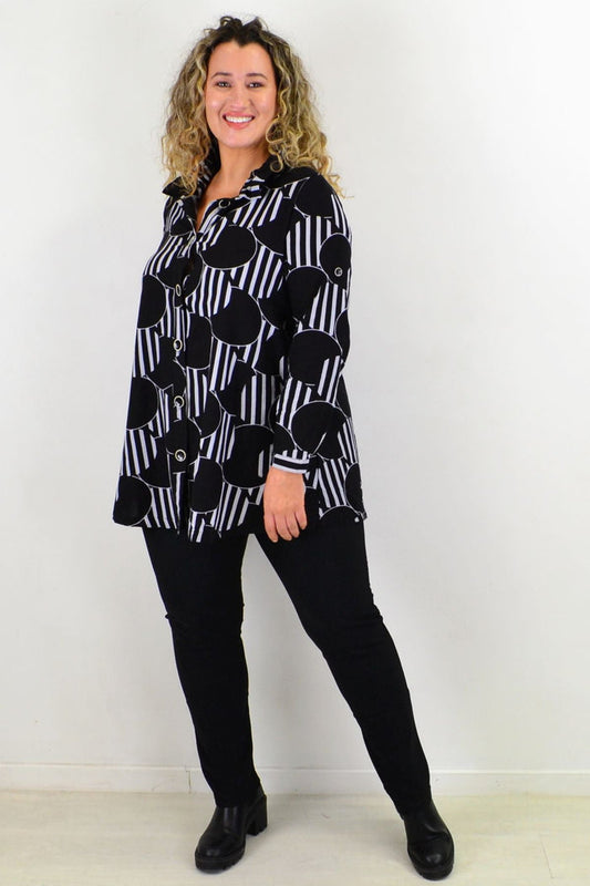 Grey deck of cards high collar tunic shirt by Ruby Rain, featuring a stylish design and comfortable fit, shown on a model.