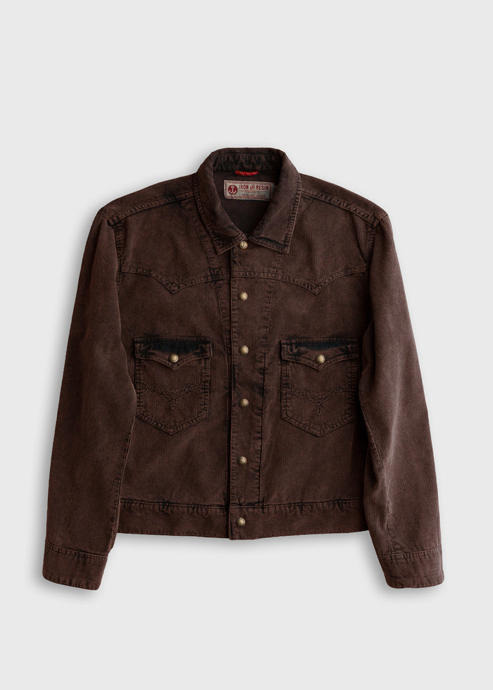 Brown corduroy jacket with button closure and two front pockets on a plain background, showcasing casual style and texture.