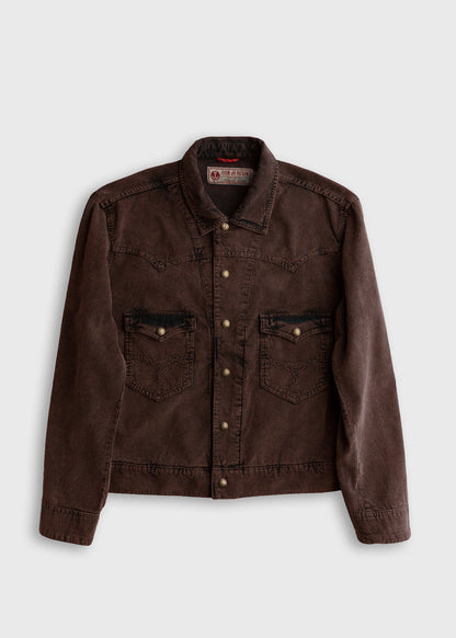 Brown corduroy jacket with button closure and two front pockets on a plain background, showcasing casual style and texture.