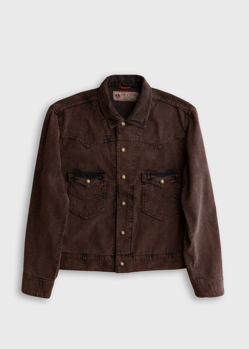 Brown corduroy jacket with button closure and two front pockets on a plain background, showcasing casual style and texture.