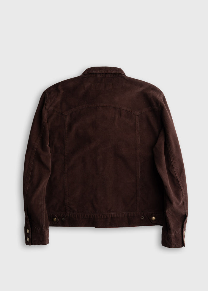 Brown corduroy jacket shown from the back, highlighting its texture and button details against a plain background.