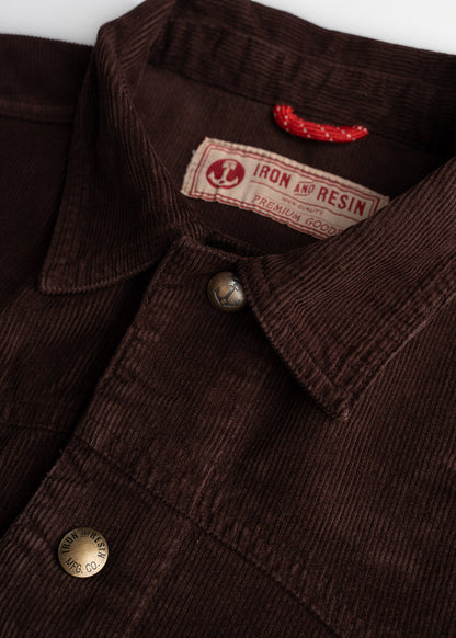 Close up of neck, custom buttons and interior locker loop cord, showcasing practical hanging detail and workwear function