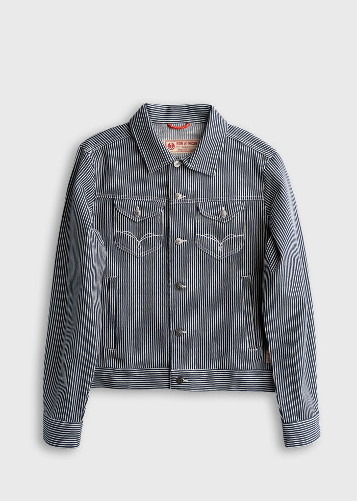 Blue and white striped denim jacket with button closure and chest pockets on a plain background, showcasing casual style.