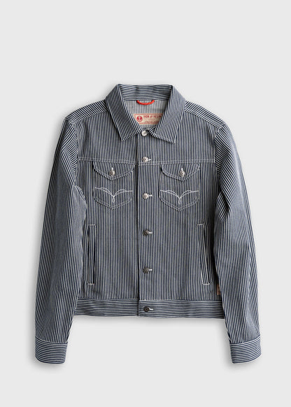 Blue and white striped denim jacket with button closure and chest pockets on a plain background, showcasing casual style.
