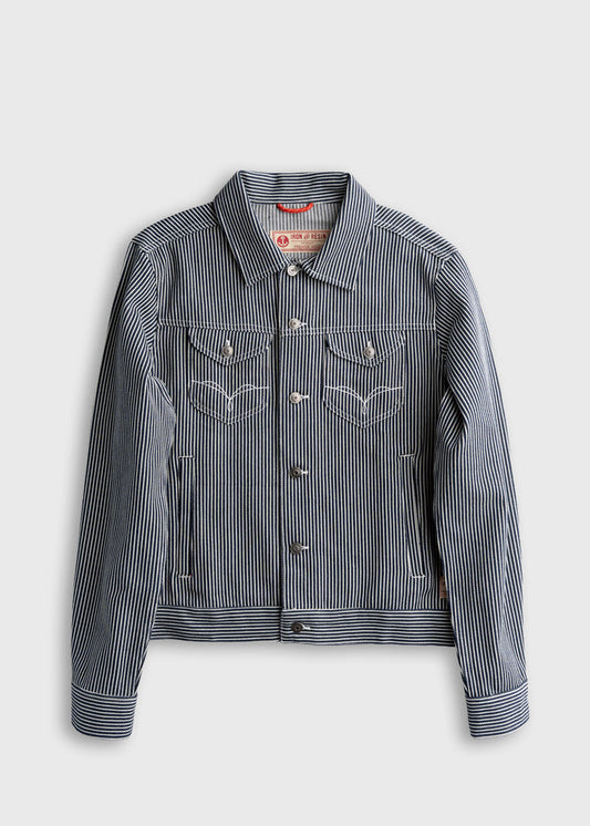 Blue and white striped denim jacket with button closure and chest pockets on a plain background, showcasing casual style.