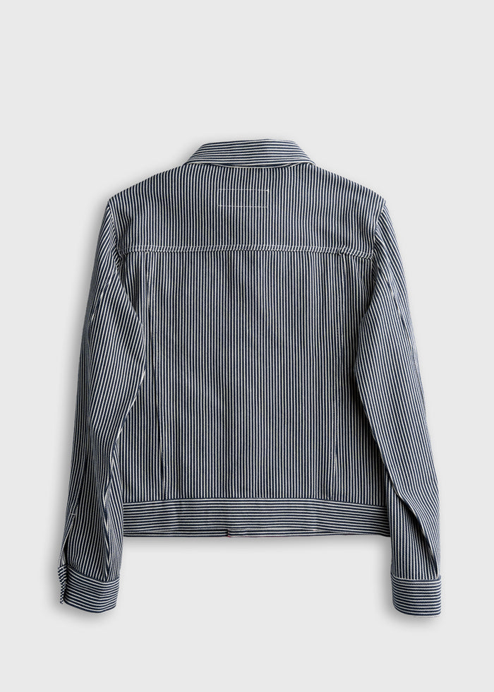 Back view of a blue and white striped denim jacket with long sleeves and a collar, displayed on a plain background.