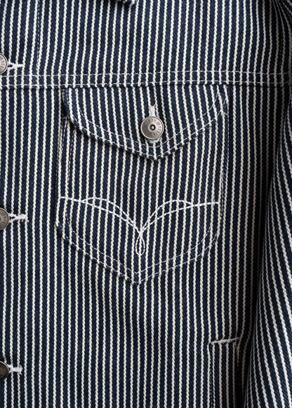 Close up of chest pockets with button closure on denim jacket, showcasing stitching and utility design