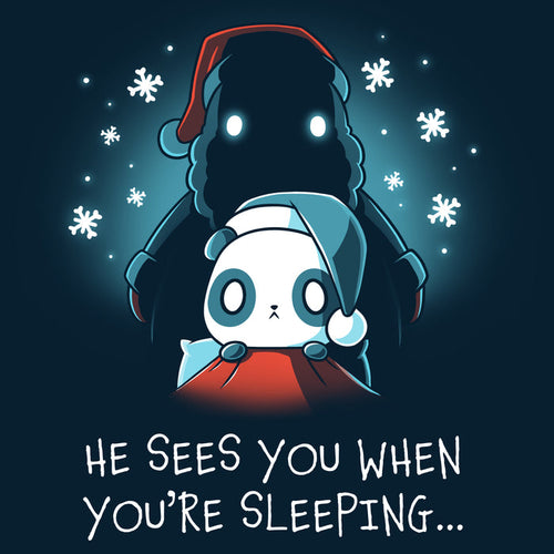Premium Cotton T-shirt_TeeTurtle navy blue He Sees You When You're Sleeping featuring a dark figure wearing a Santa hat with glowing eyes standing behind a worried-looking panda in bed also wearing a Santa hat. The shirt reads "He Sees You When You're Sleeping...".