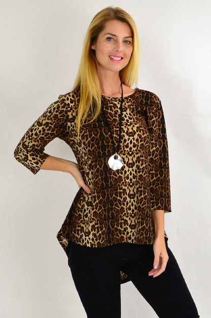 Whispers camel cheetah print hi-low hem tunic top with animal print, stylish and comfortable for casual wear.