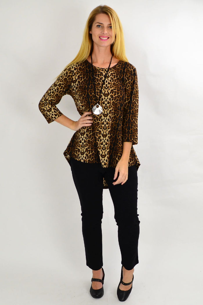 Whispers camel cheetah print hi-low hem tunic top with animal print design, lightweight and stylish women's casual tunic.
