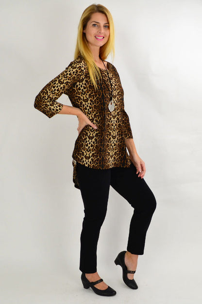 Whispers camel cheetah print hi-low hem tunic top displayed on a model, featuring a relaxed fit and stylish pattern.
