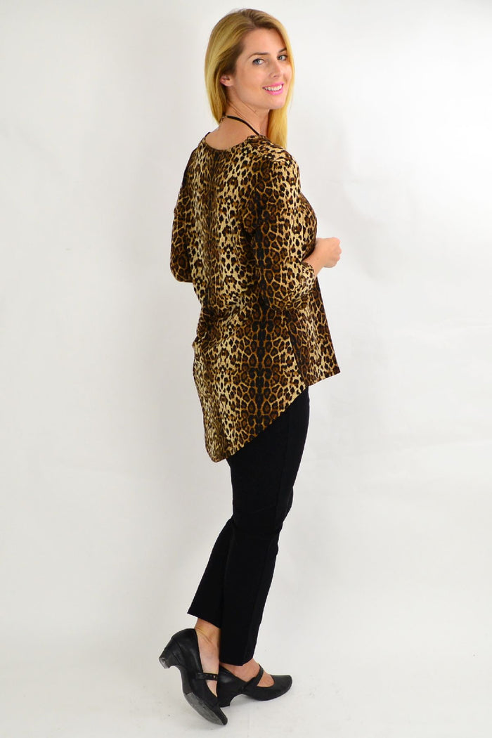 Whispers camel cheetah print hi-low hem tunic top with animal print, casual style, lightweight fabric, and relaxed fit.