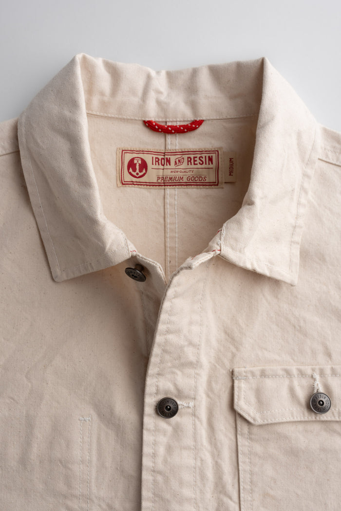 Close up of collar, locker loop, and shank button hardware highlighting front closure and custom detailing