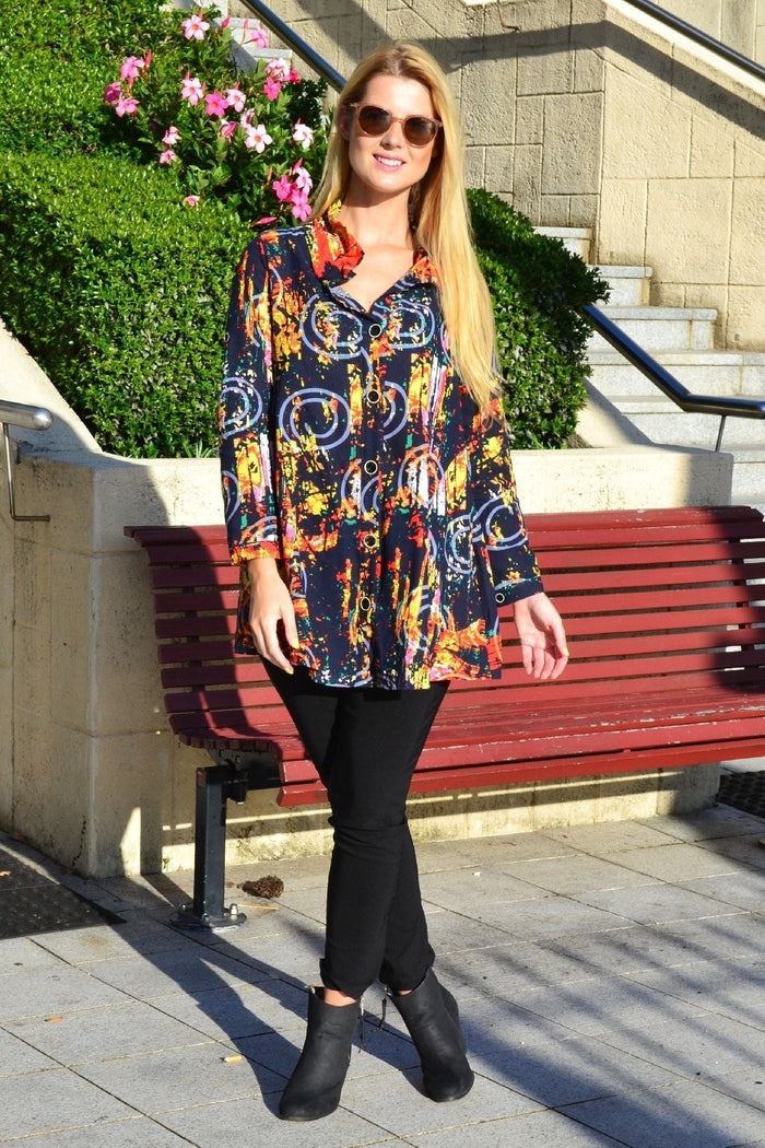Ruby Rain Hot Spin Pocket high collar tunic shirt with long sleeves and front pocket, in a stylish and comfortable design.