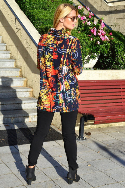 Ruby Rain Hot Spin Pocket high collar tunic shirt with long sleeves and front pocket, stylish and comfortable women's tunic.