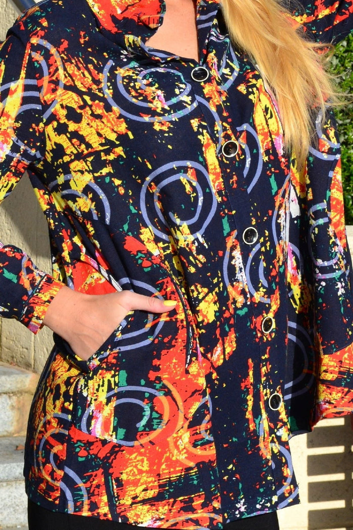Ruby Rain Hot Spin Pocket high collar tunic shirt with front pocket and long sleeves, in a stylish and comfortable design.