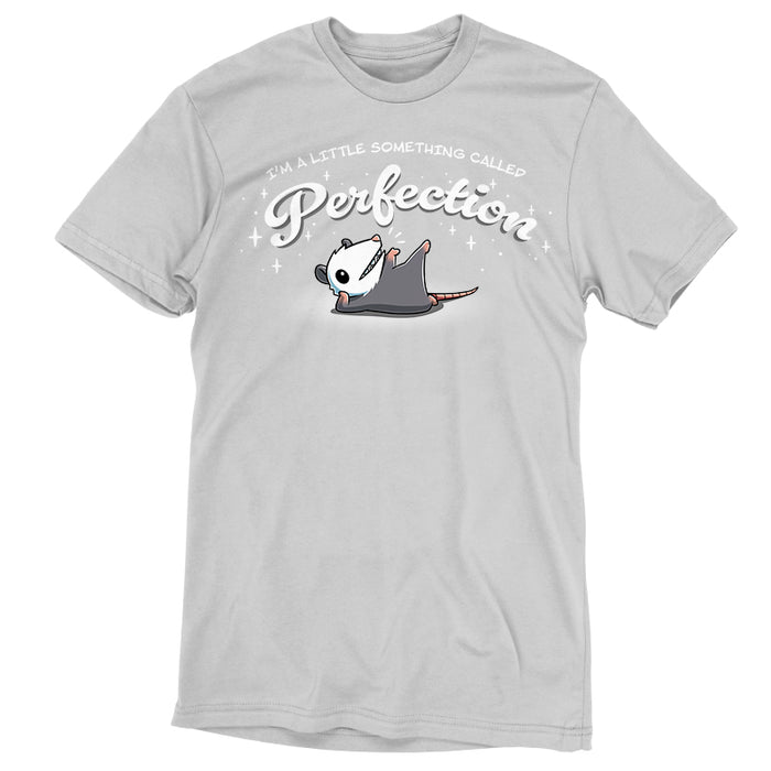 Premium Cotton T-shirt_TeeTurtle silver gray I Am Perfection apparel featuring an opossum lying down propped up on its elbow with a front paw and back paw up in the air with the caption, “I’m a little something called perfection”.