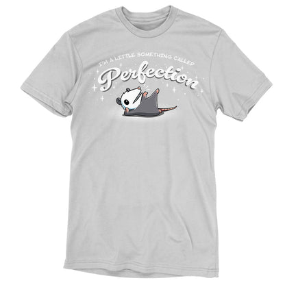 Premium Cotton T-shirt_TeeTurtle silver gray I Am Perfection apparel featuring an opossum lying down propped up on its elbow with a front paw and back paw up in the air with the caption, “I’m a little something called perfection”.