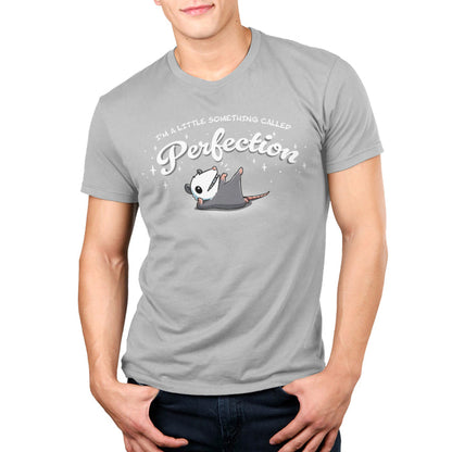 Premium Cotton T-shirt_TeeTurtle silver gray I Am Perfection apparel featuring an opossum lying down propped up on its elbow with a front paw and back paw up in the air with the caption, “I’m a little something called perfection”.