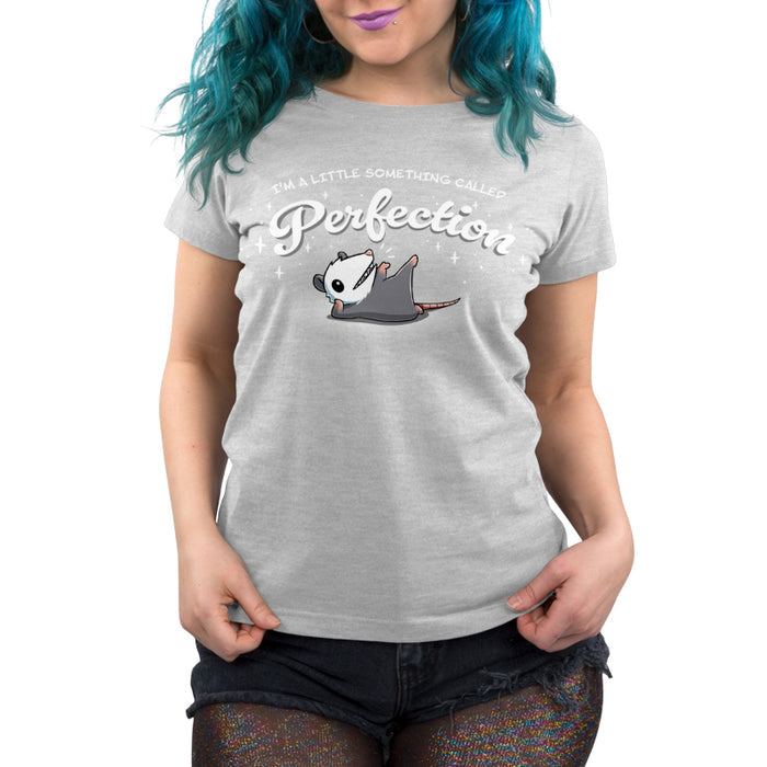 Premium Cotton T-shirt_TeeTurtle silver gray I Am Perfection apparel featuring an opossum lying down propped up on its elbow with a front paw and back paw up in the air with the caption, “I’m a little something called perfection”.