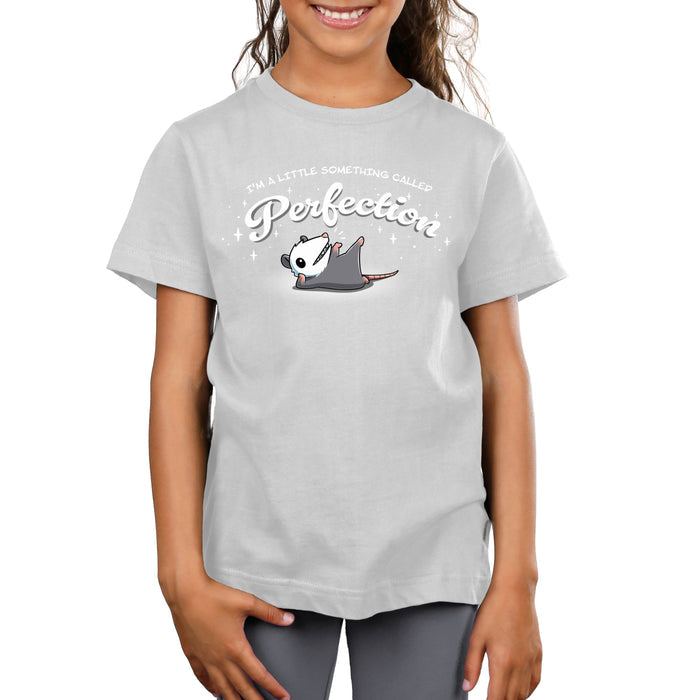 Premium Cotton T-shirt_TeeTurtle silver gray I Am Perfection apparel featuring an opossum lying down propped up on its elbow with a front paw and back paw up in the air with the caption, “I’m a little something called perfection”.