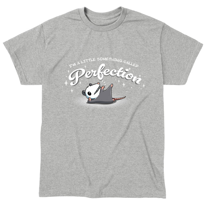Classic Cotton T-shirt_TeeTurtle heather gray I Am Perfection apparel featuring an opossum lying down propped up on its elbow with a front paw and back paw up in the air with the caption, “I’m a little something called perfection”.