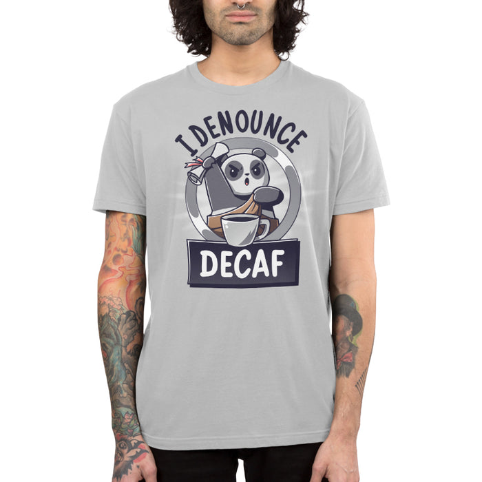 Premium Cotton T-shirt_TeeTurtle silver gray I Denounce Decaf apparel featuring a panda holding a scroll up in the air, and denouncing decaf.