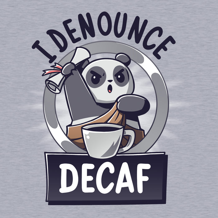 Classic Cotton T-shirt_TeeTurtle heather gray I Denounce Decaf apparel featuring a panda holding a scroll up in the air, and denouncing decaf.