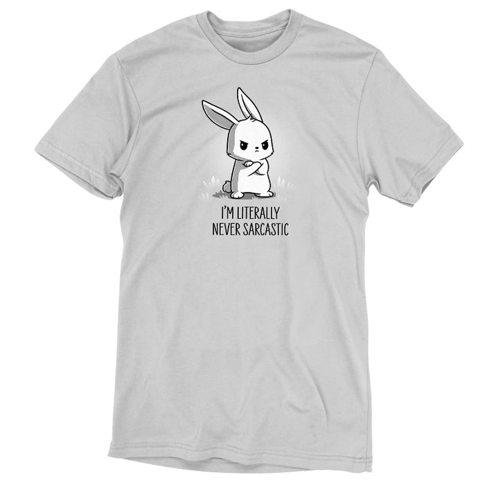 Premium Cotton T-shirt_TeeTurtle silver gray I'm Literally Never Sarcastic apparel featuring a grumpy bunny with it's arms crossed. Caption reads, "I'm literally never sarcastic".