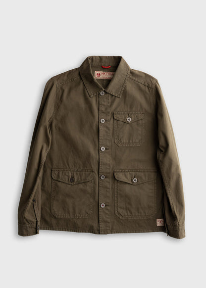 Men’s Prescott twill jacket in Olive Drab with button front, bellowed chest pockets and oversized flap waist pockets, durable cotton workwear outerwear with classic utility design
