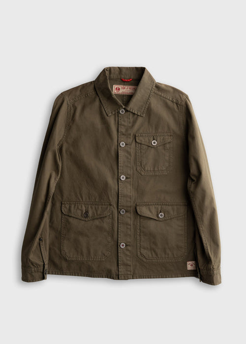 Men’s Prescott twill jacket in Olive Drab with button front, bellowed chest pockets and oversized flap waist pockets, durable cotton workwear outerwear with classic utility design