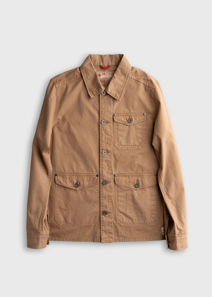Men’s Prescott twill jacket in Tan with button front, bellowed chest pockets and oversized flap waist pockets, durable cotton workwear outerwear with classic utility design