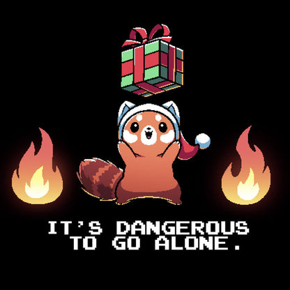 Classic Cotton T-shirt_TeeTurtle black It's Dangerous To Go Alone apparel featuring a red panda holding a floating present surrounded by two flames.