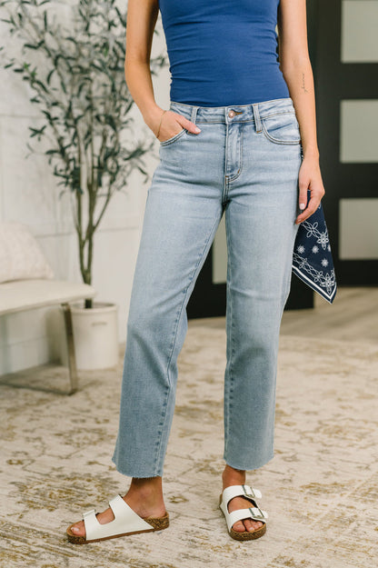 Judy Blue Mid Rise Ankle Straight w/ Bandana Loop Raw Hem Jeans