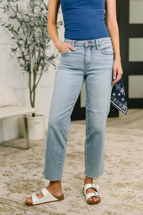 Judy Blue Mid Rise Ankle Straight w/ Bandana Loop Raw Hem Jeans