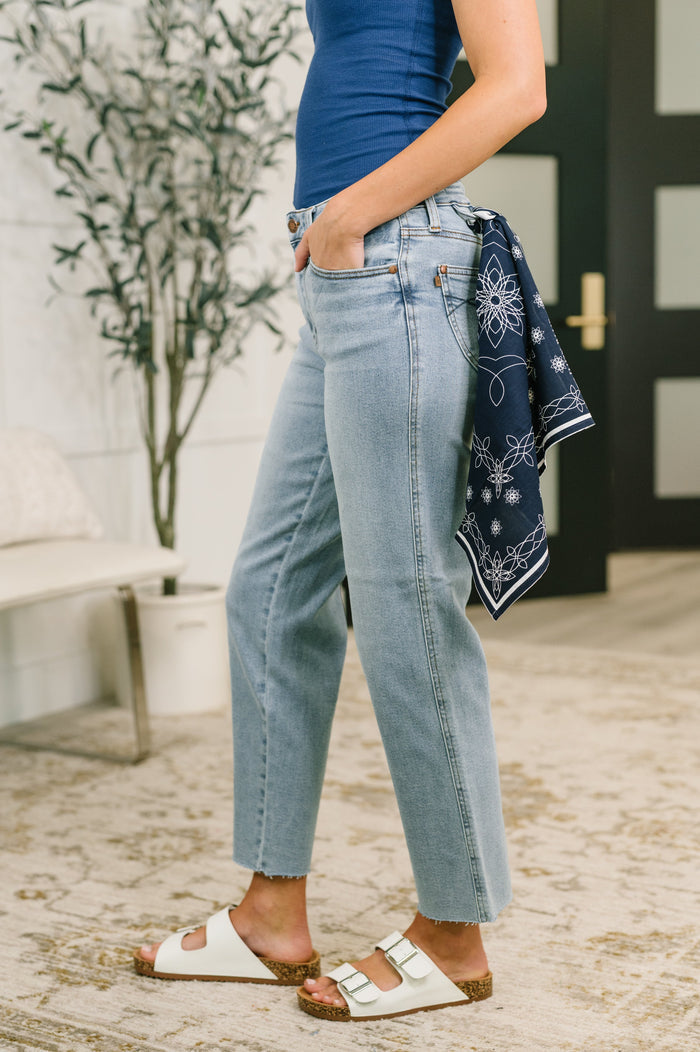 Judy Blue Mid Rise Ankle Straight w/ Bandana Loop Raw Hem Jeans